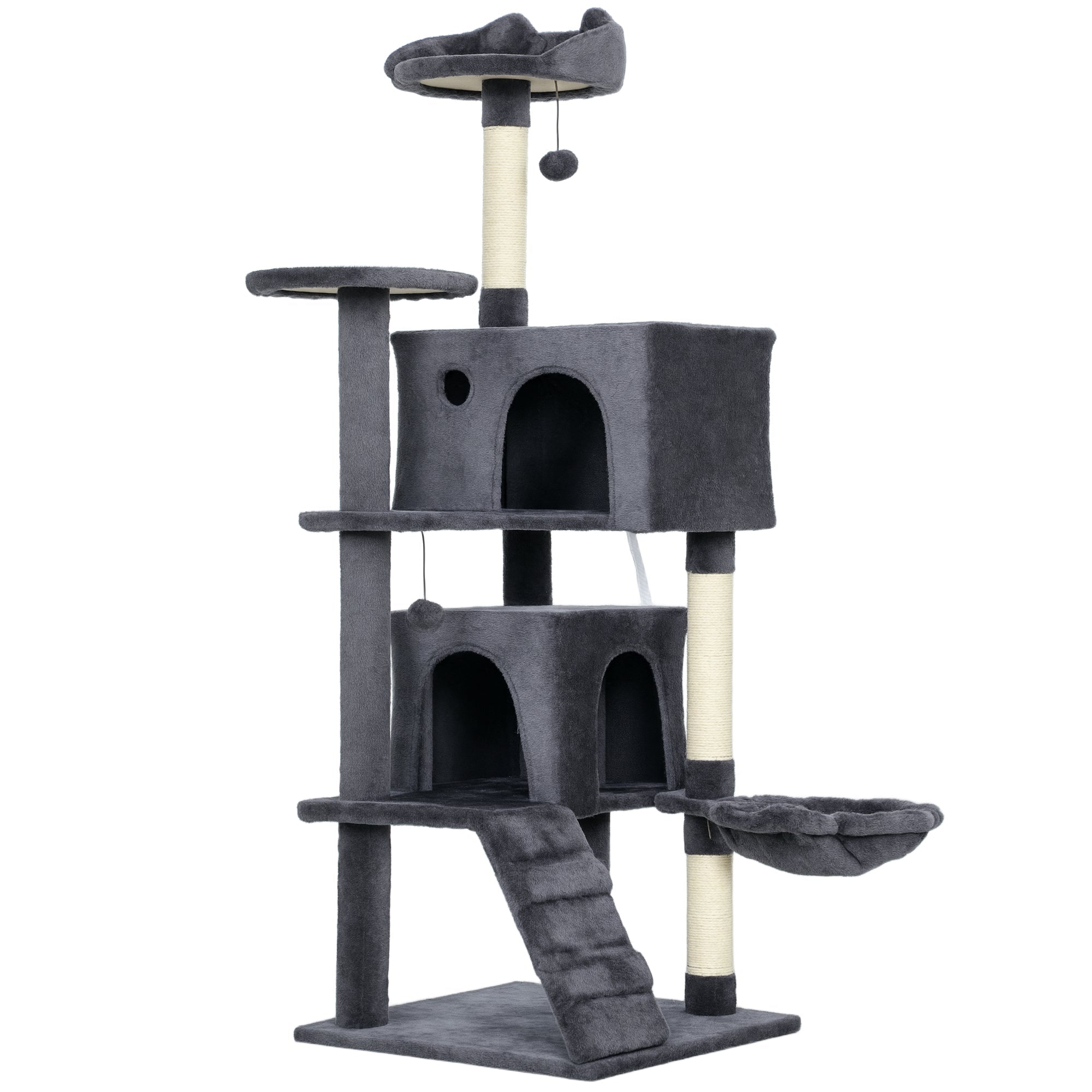 Dark grey plush cat tree tower with multiple levels sisal scratching posts cat house hammock and ladder