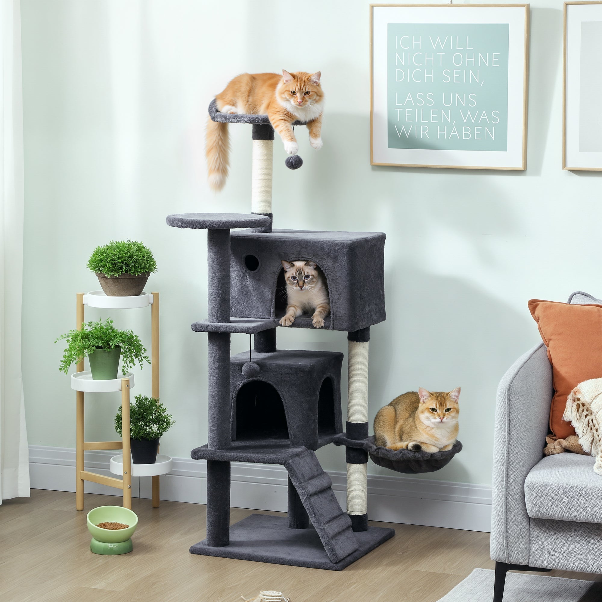 Gray multi-level pawhut cat tree with sisal scratching posts and plush perches 48w x 48d dark grey cat house