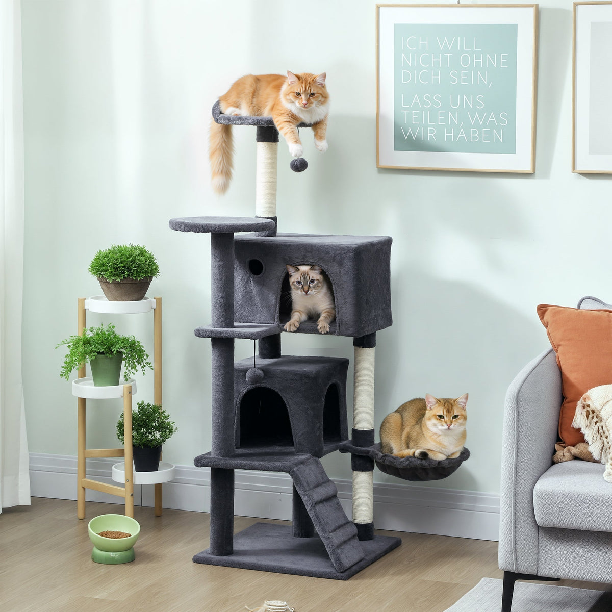 Gray multi-level pawhut cat tree with sisal scratching posts and plush perches 48w x 48d dark grey cat house