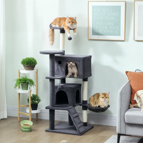 Gray multi-level pawhut cat tree with sisal scratching posts and plush perches 48w x 48d dark grey cat house