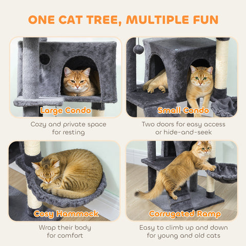 Gray plush cat tree with sisal scratching posts and cat house in dark grey 48w x 48d for resting and climbing
