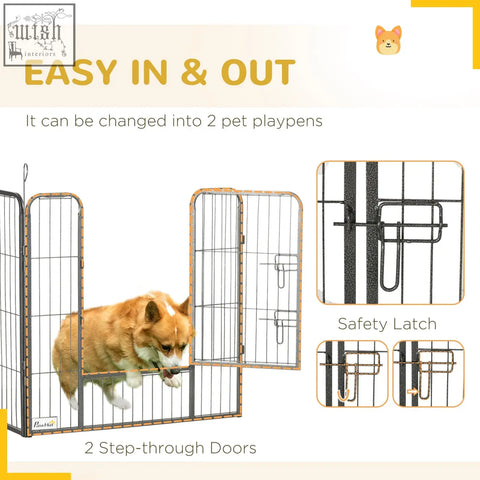 Black metal heavy duty pet playpen with tan wooden trim and two doors for indoor outdoor use 55mm x 150mm panels