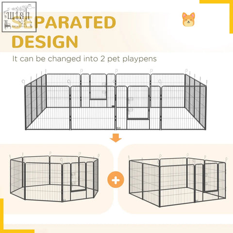 Pawhut heavy duty black metal pet playpen in grey with 16 panels and 55mm x 150mm modular design for indoor outdoor use