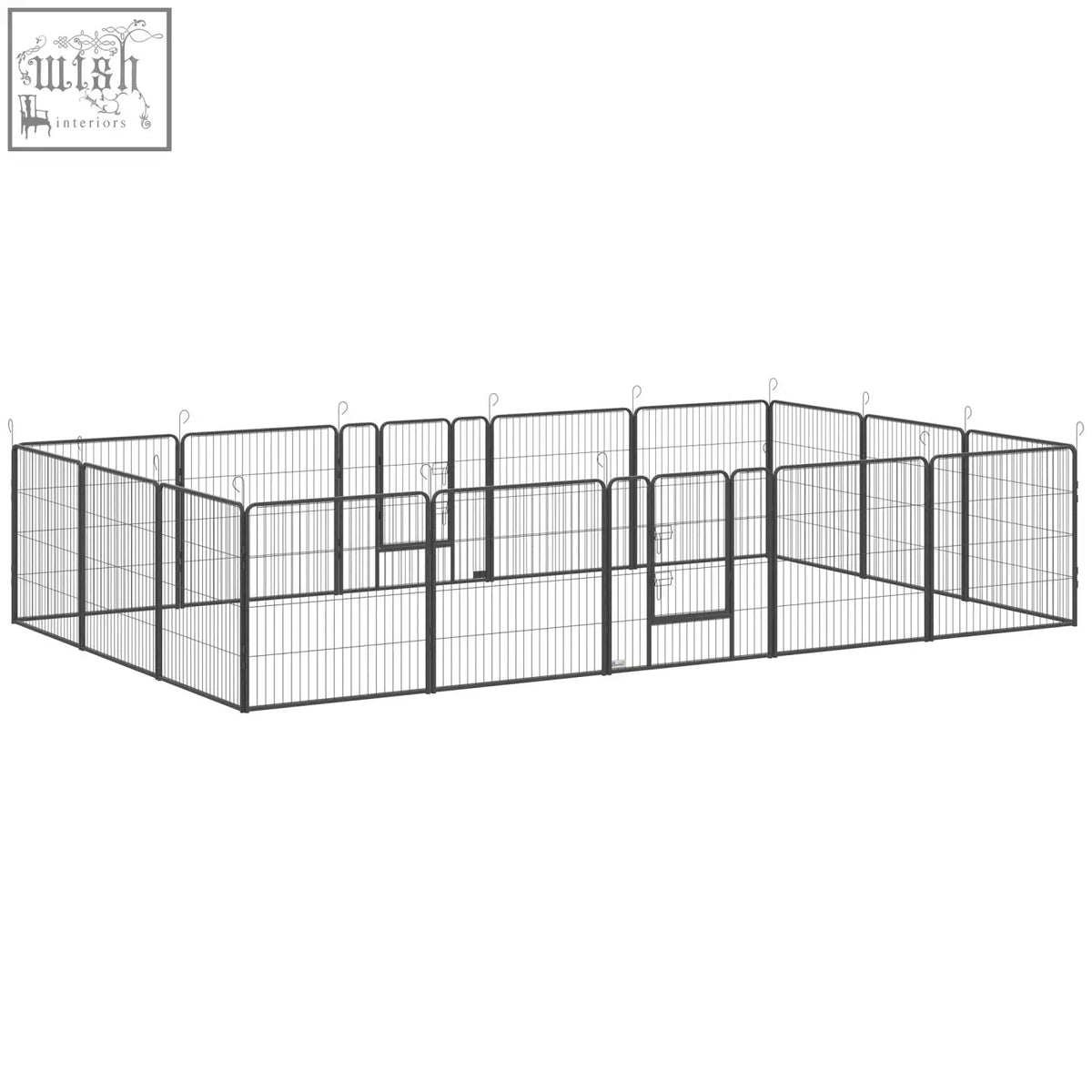 Black metal heavy duty puppy playpen with 55mm x 150mm interlocking panels and central gate for indoor outdoor use