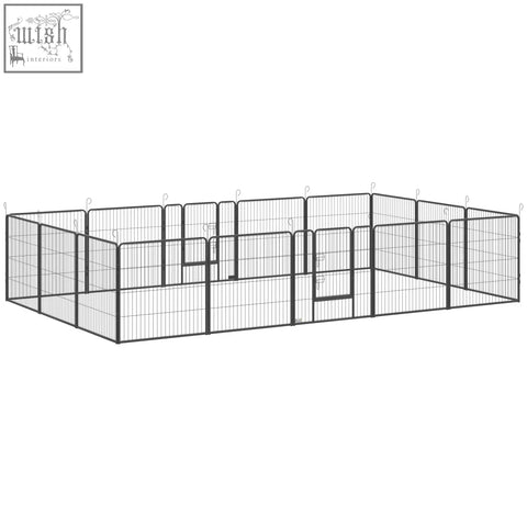 Black metal heavy duty puppy playpen with 55mm x 150mm interlocking panels and central gate for indoor outdoor use