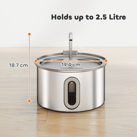 Pawhut 2.5l stainless steel water fountain with ultra-silent pump and water level window for pets hydration