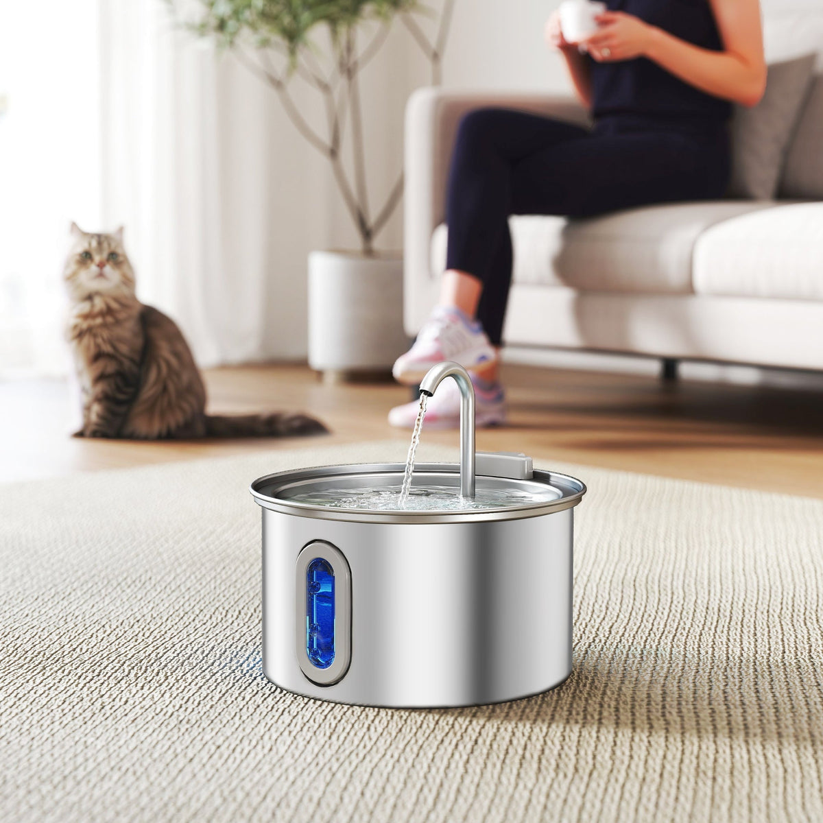 Pawhut 2.5l stainless steel cat water fountain with ultra-silent pump curved spout and blue illuminated water level window