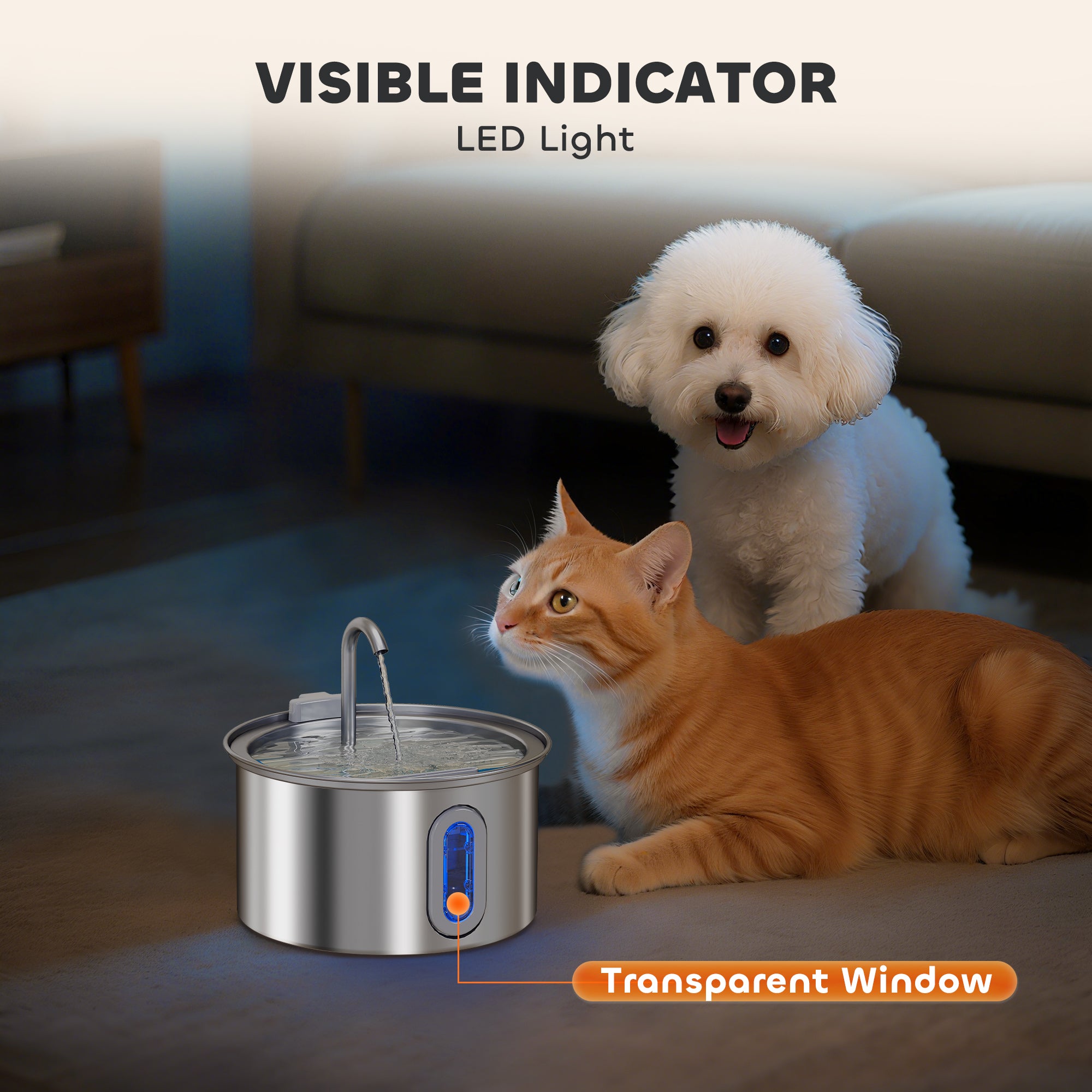 Silver stainless steel pawhut cat water fountain with water level window and led light indicator for drinking