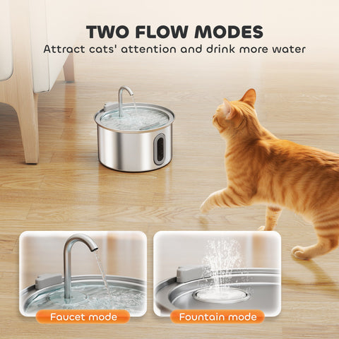 Silver stainless steel pawhut cat water fountain with water level window and dual flow modes for cats