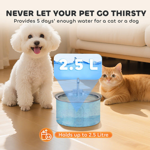 Clear plastic pet water fountain with stainless steel base and water level window for cats and dogs hydration