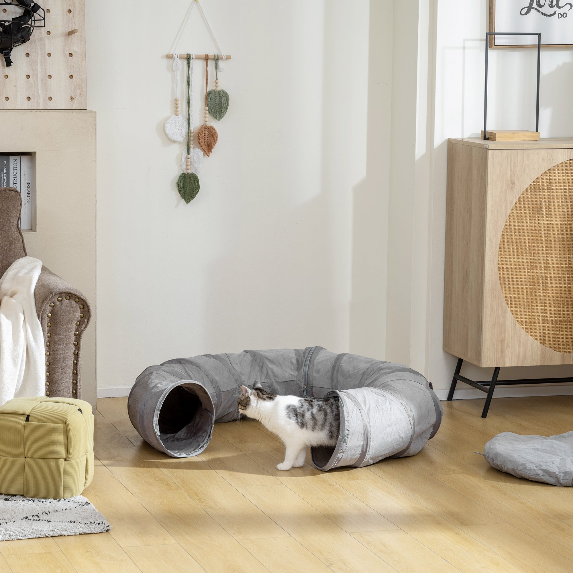 Gray fabric pawhut 2 in 1 cat play tunnel with bed ball and peek hole for indoor cat play