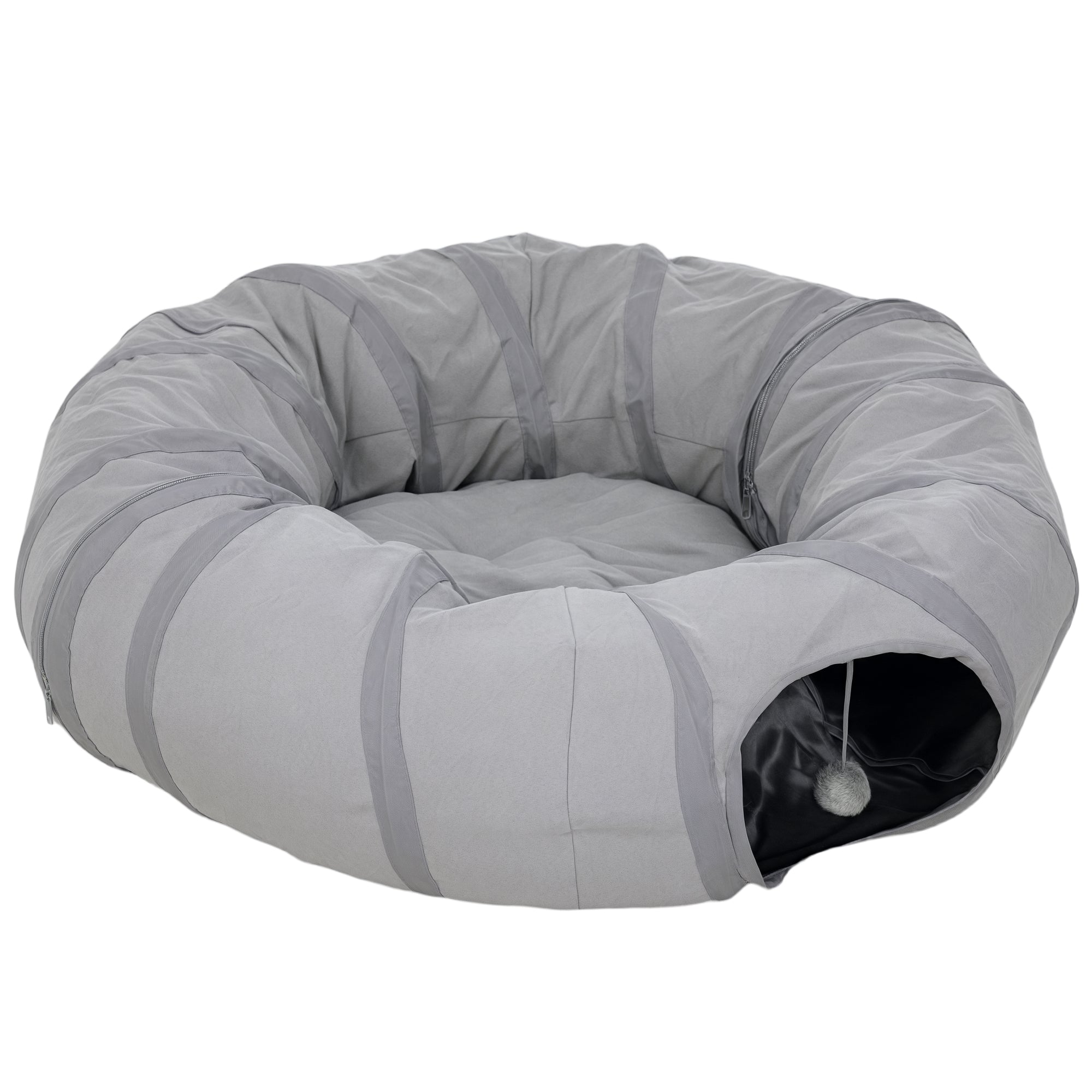 Gray inflatable pawhut cat play tunnel with soft interior and dangling white ball for indoor cat play