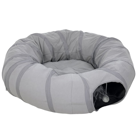 Gray inflatable pawhut cat play tunnel with soft interior and dangling white ball for indoor cat play