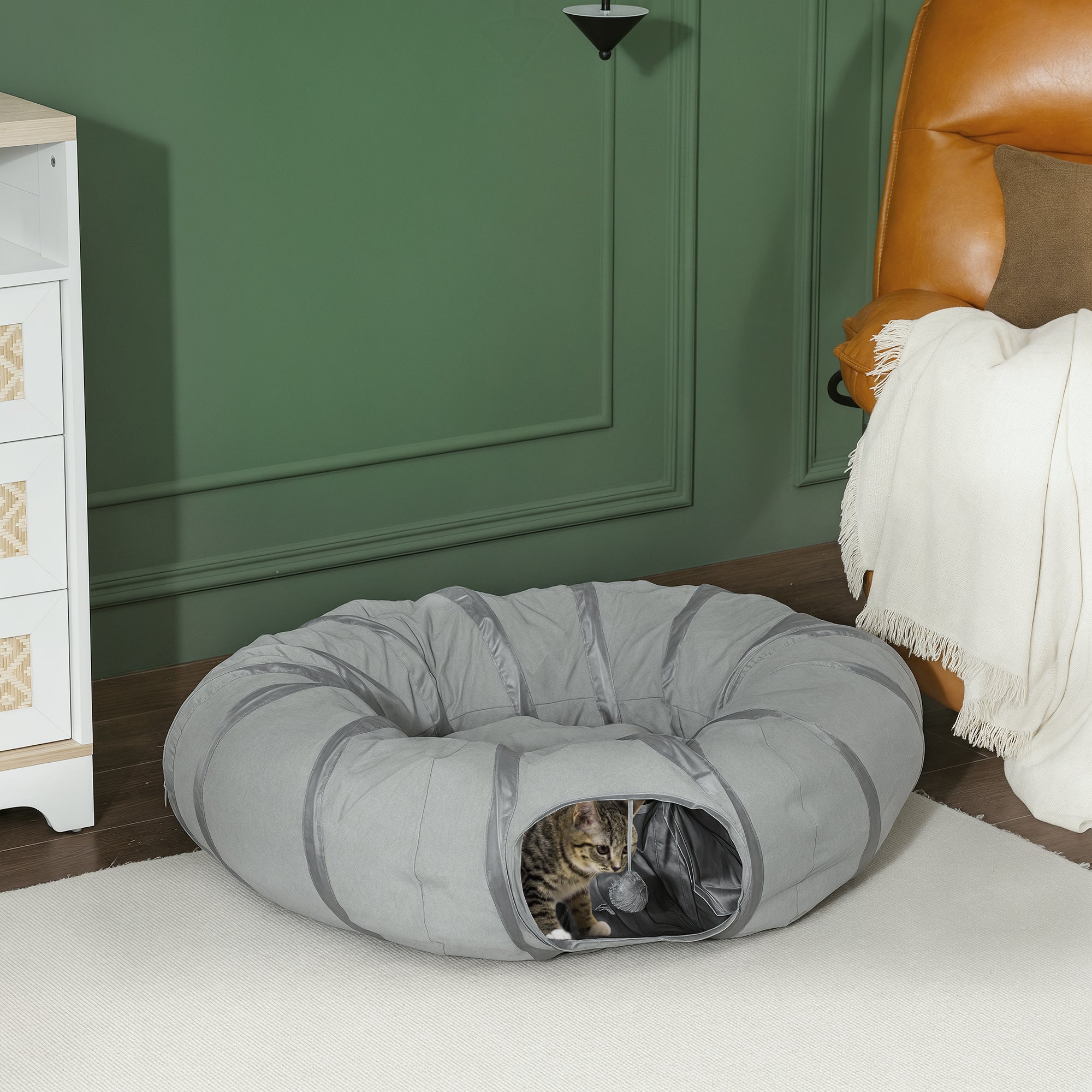 Gray plush cat bed with tunnel entrance and reflective stripes in pawhut 2 in 1 cat play tunnel for indoor cats
