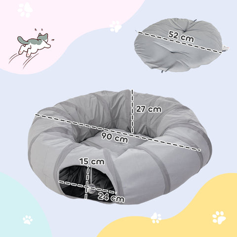 Gray pawhut 2 in 1 cat play tunnel with cushioned bed soft interior and reinforced seams for indoor cat play