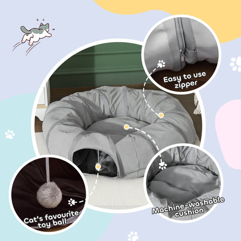 Gray pawhut 2 in 1 cat play tunnel with cozy plush bed, ball, peek hole, and machine-washable cushioning
