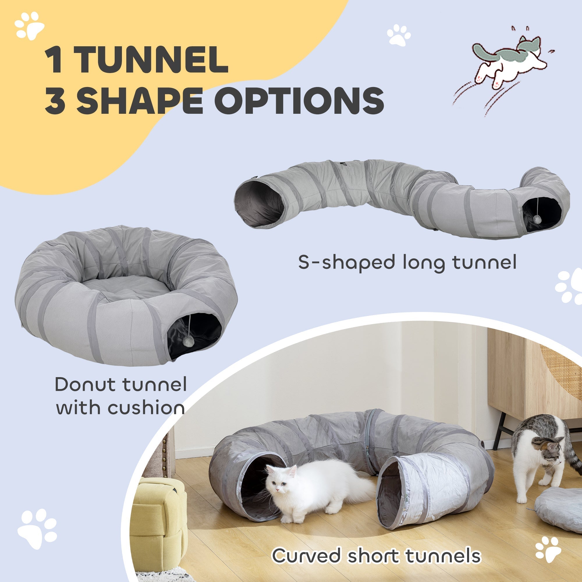 Gray inflatable cat play tunnel with cushioned ends and flexible segmented design for indoor cat play