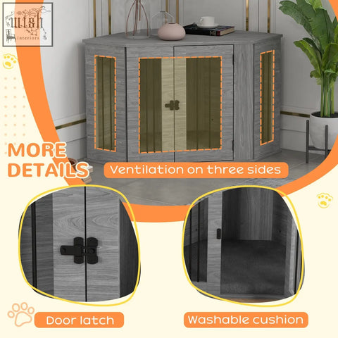 Gray wooden dog cage pet cabinet with glass doors black metal latches 97l x 50wcm pawhut side table furniture