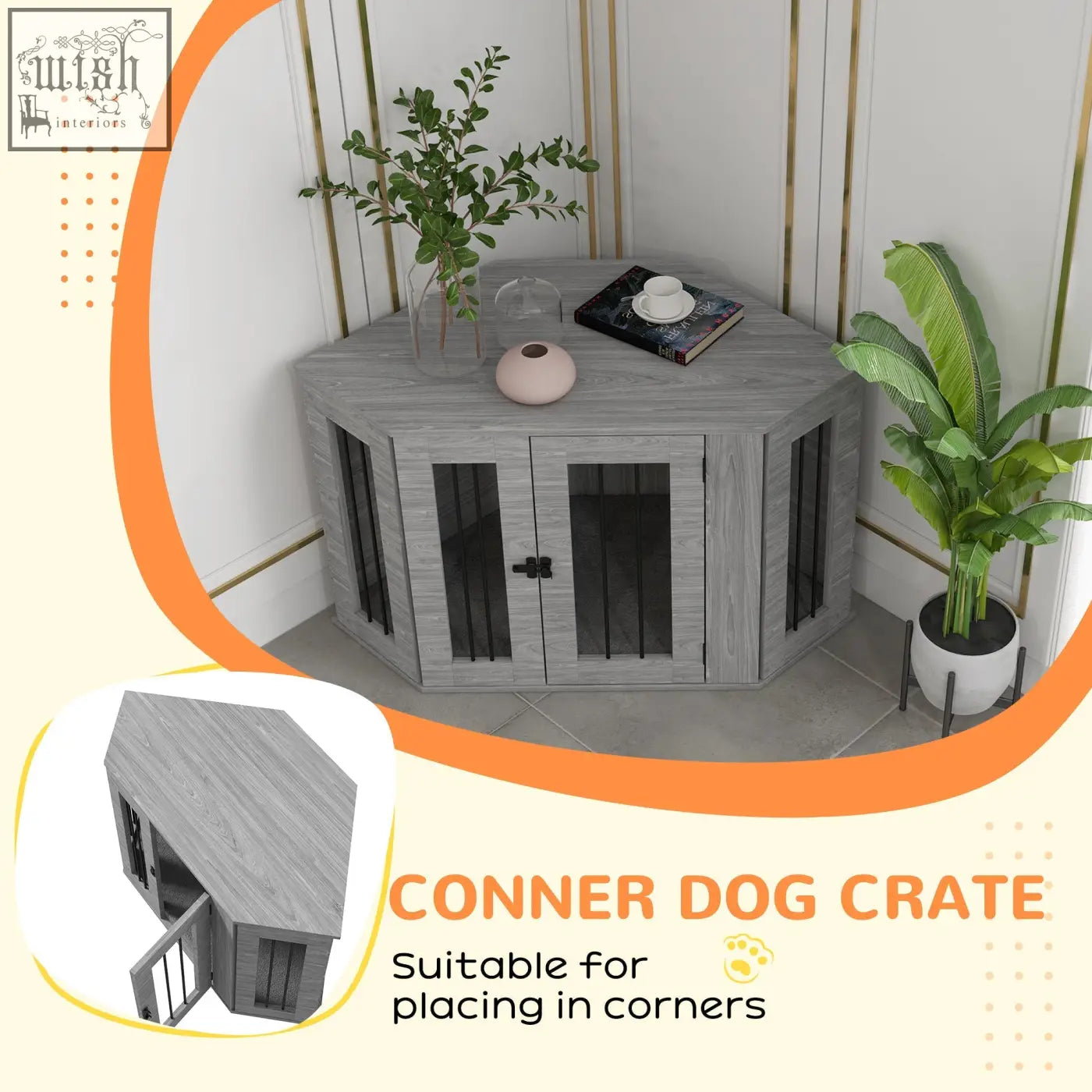 Gray wooden corner dog crate with black glass doors and slanted roof pawhut 2 in 1 dog cage 97l x 50wcm home d c3