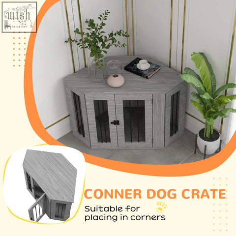Gray wooden corner dog crate with black glass doors and slanted roof pawhut 2 in 1 dog cage 97l x 50wcm home d c3