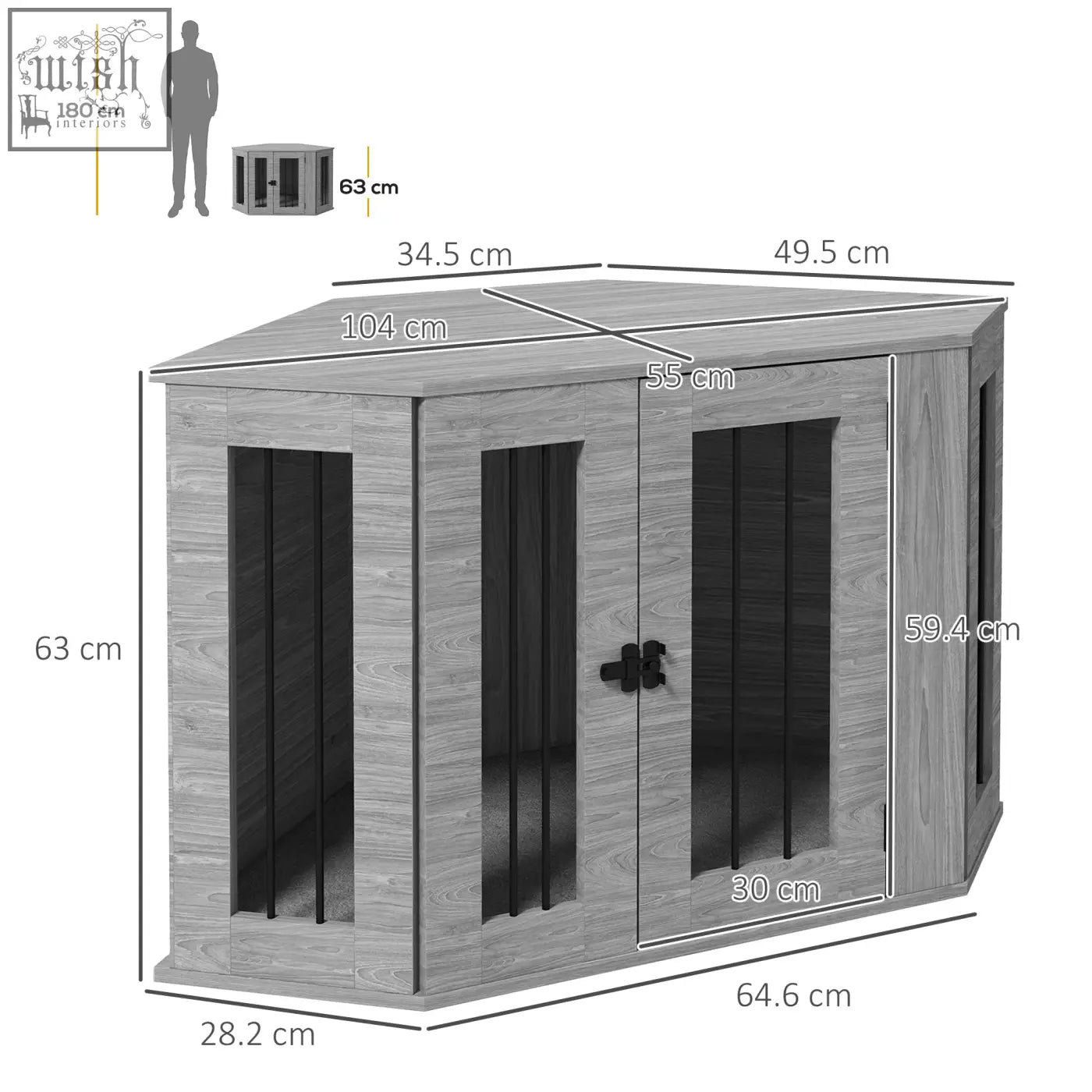 Gray wood grain dog cage with black framed glass doors and latch pawhut 2 in 1 side table home d c3