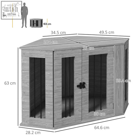 Gray wood grain dog cage with black framed glass doors and latch pawhut 2 in 1 side table home d c3