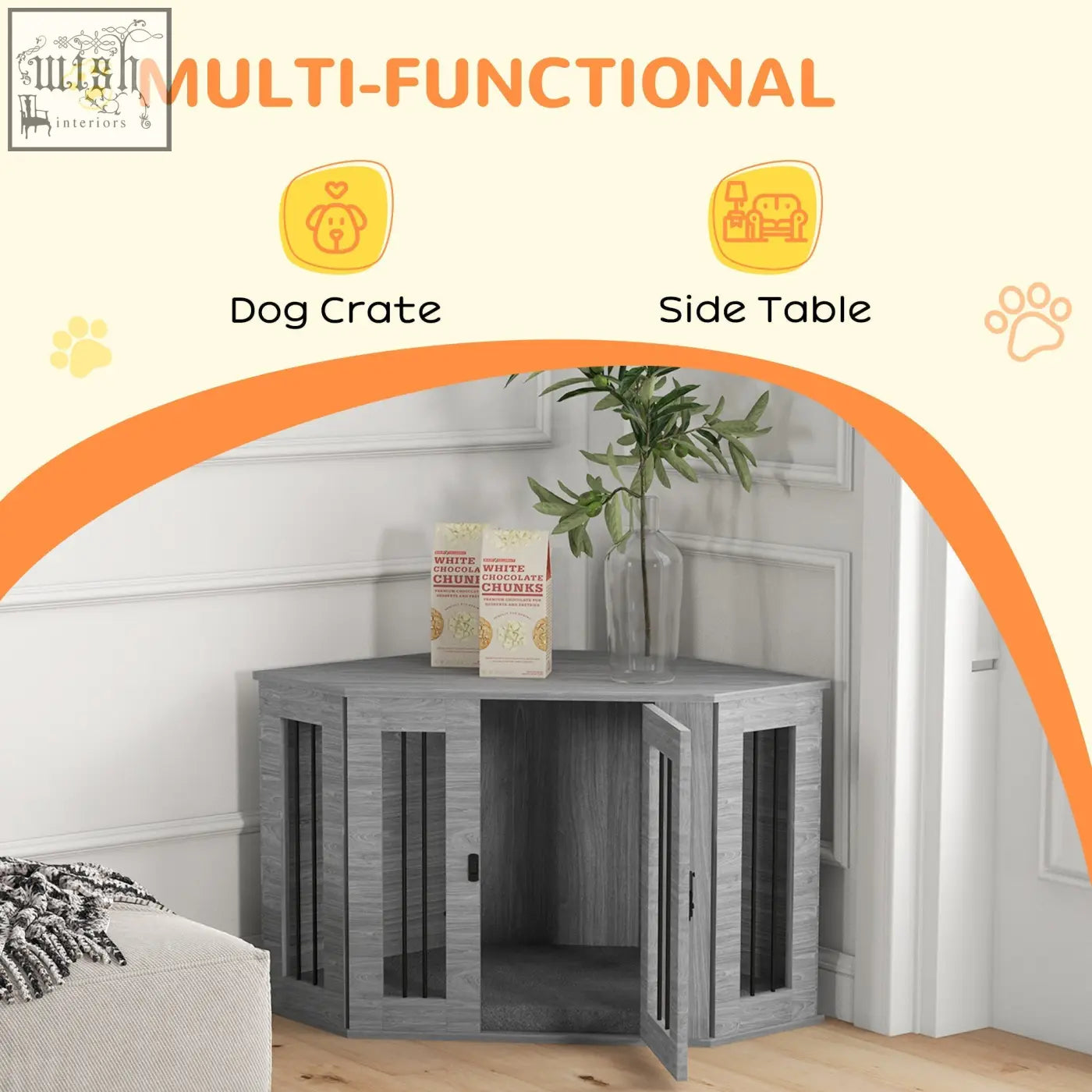 Gray wood grain dog cage with glass paneled doors and side table function for home d c3 use 104x55x63cm