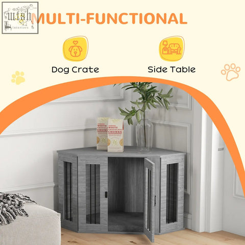 Gray wood grain dog cage with glass paneled doors and side table function for home d c3 use 104x55x63cm
