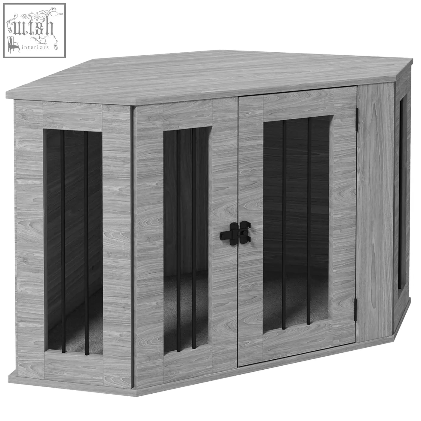 Gray wooden corner dog cage with black glass panels and latch pawhut 2 in 1 crate furniture side table home d c3