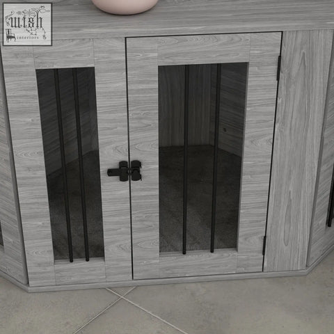 Gray wood grain dog cage with black bars and latch pawhut 2 in 1 crate furniture side table 104 x 55 x 63cm