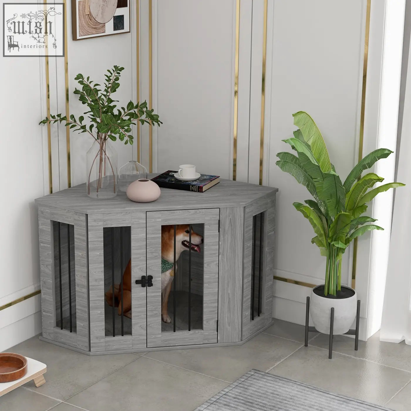Gray wooden pawhut 2 in 1 dog cage side table with glass doors and black bars for home d c3 use 104 x 55 x 63cm