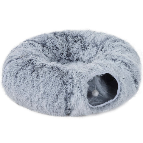 A light grey soft plush pawhut 2-in-1 donut cat tunnel bed with a cozy design, toy ball, and entryway hole for cats