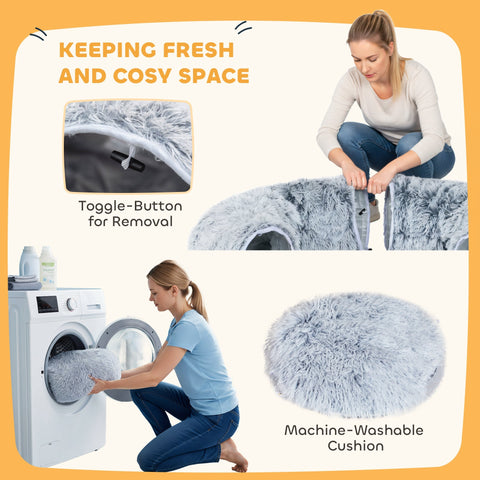 A light grey pawhut cat tunnel with soft plush machine-washable cushion and toggle button for easy removal