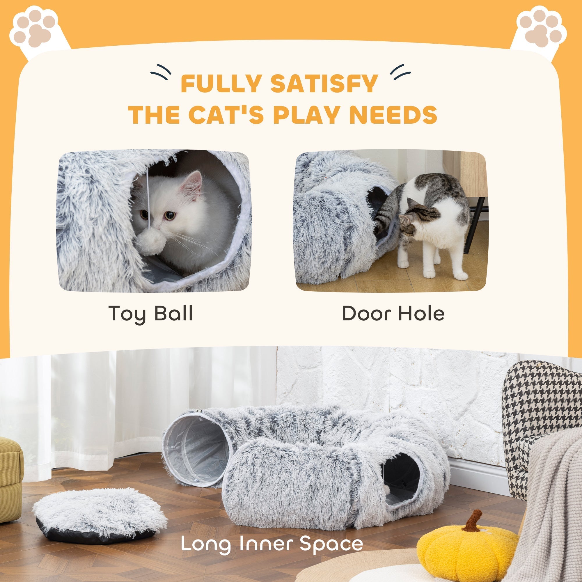 Gray soft plush cat tunnel with door hole and long inner space for indoor cats by pawhut in light grey