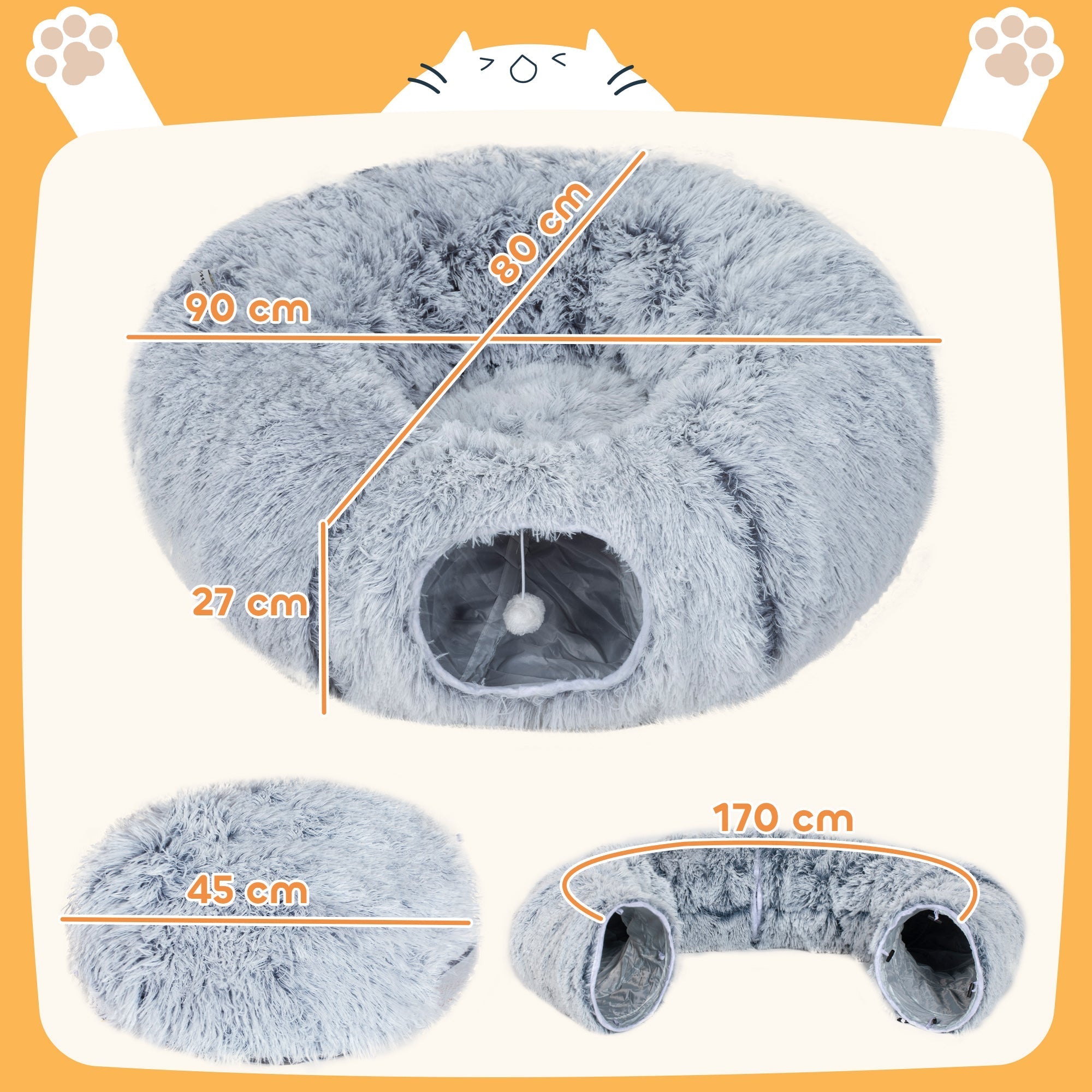 Gray plush cat tunnel bed with cozy entrance hole and soft light grey washable donut design for indoor cats