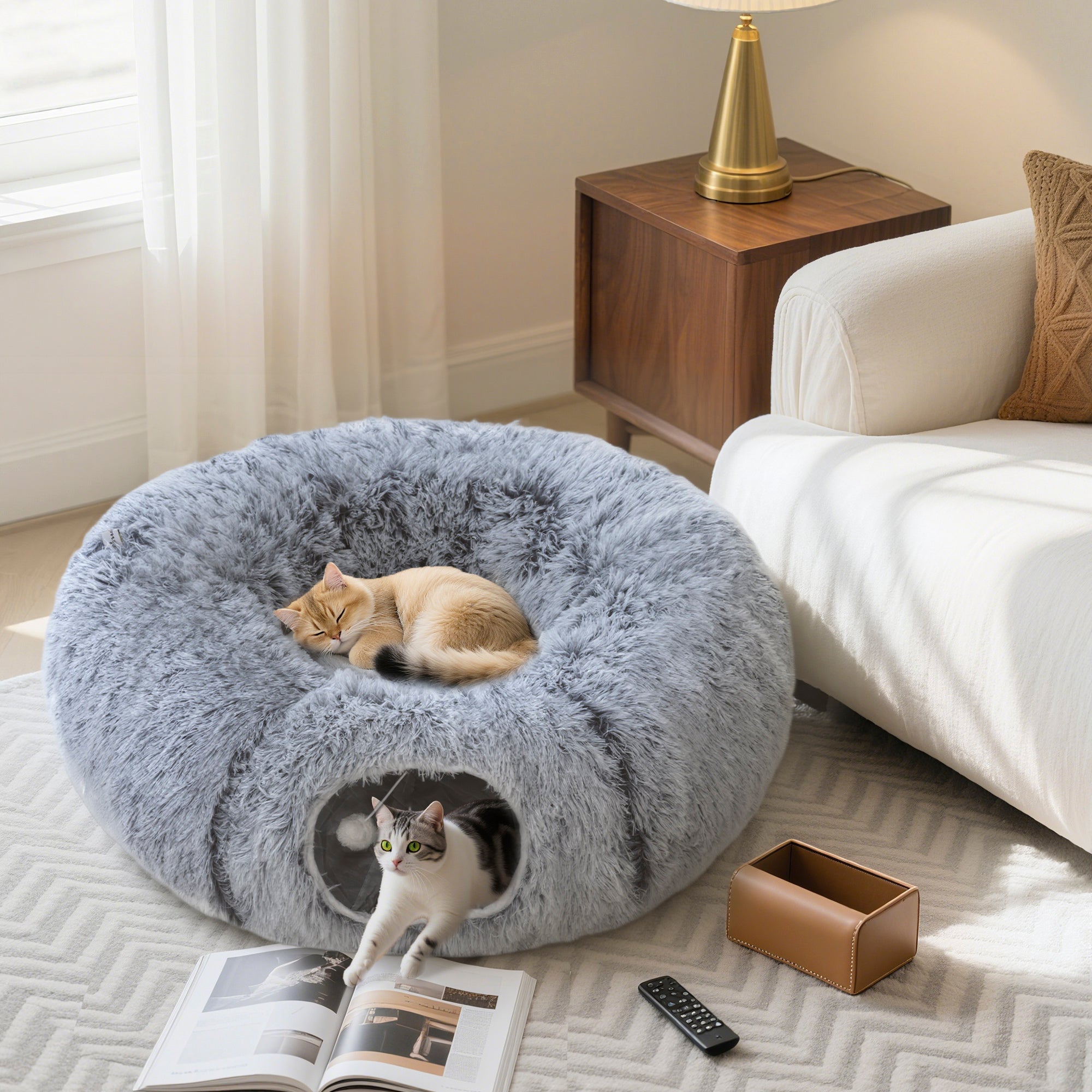 Soft plush light grey pawhut 2-in-1 donut cat tunnel with cozy round bed and entry tunnel for indoor cats