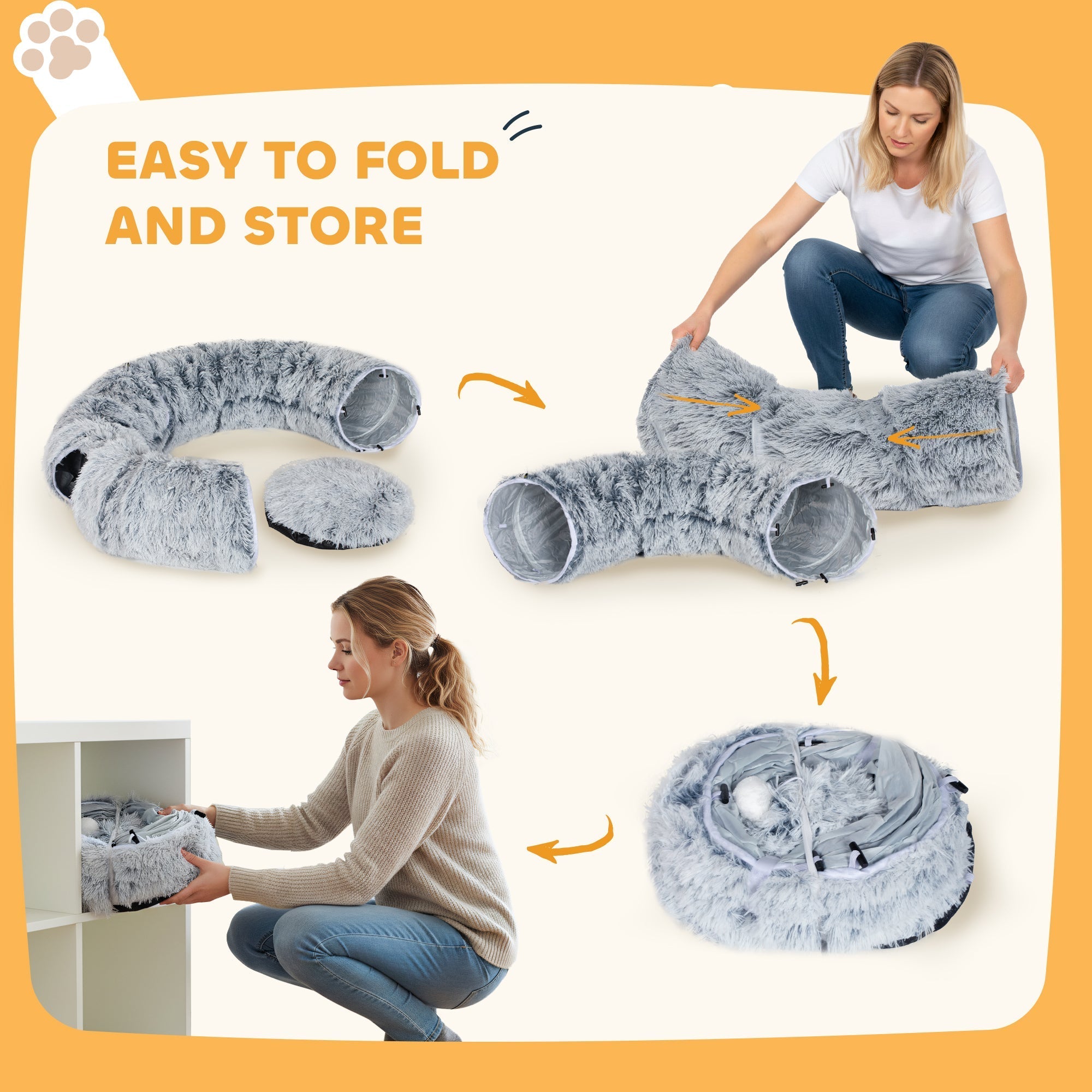 Gray plush cat tunnel toy with soft fuzzy texture and multiple entry points for play in light grey color