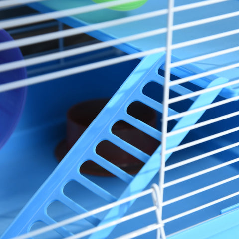 Pawhut 2 Tier Hamster Cage, Gerbil Cage with Handle, Exercise Wheels, Tunnel, Tube, Water Bottle, Dishes, Ladder, for Dwarf, Blue