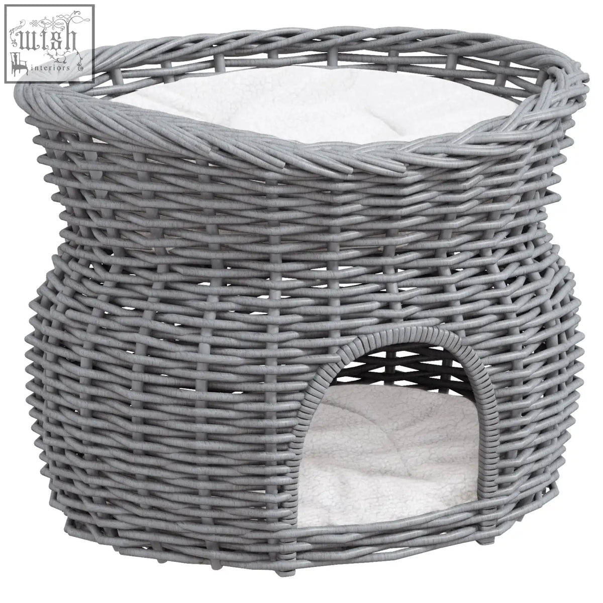 Gray woven wicker pet bed with soft white cushion inside part of pawhut 2-tier cat house and pet bed basket