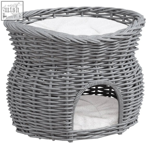 Gray woven wicker pet bed with soft white cushion inside part of pawhut 2-tier cat house and pet bed basket