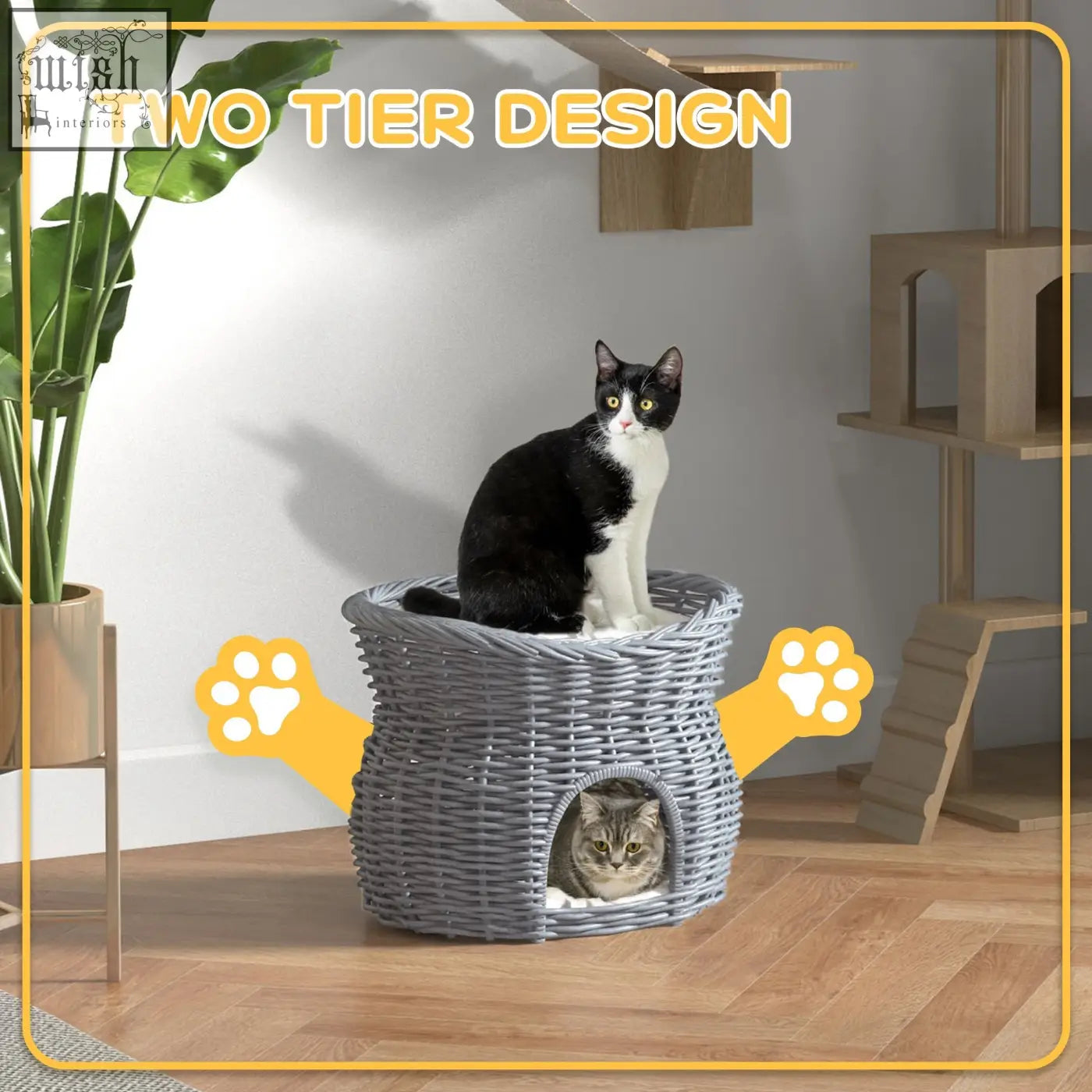 Gray woven wicker 2-tier cat house with an upper platform and lower den pet bed by PawHut with washable cushions