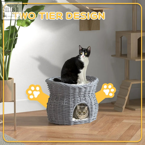 Gray woven wicker 2-tier cat house with an upper platform and lower den pet bed by PawHut with washable cushions