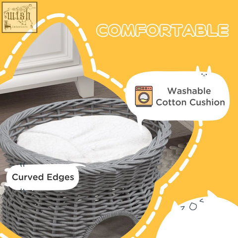 Gray woven wicker 2-tier cat house with soft white washable cotton cushion pet bed basket by pawhut