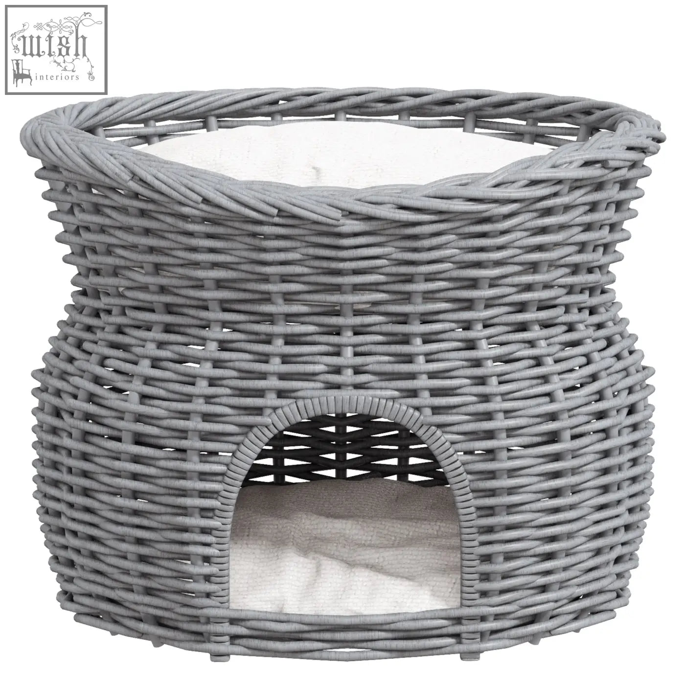 Gray woven wicker cat house pet bed with white cushion and arched entrance for 2-tier cat comfort