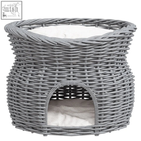 Gray woven wicker cat house pet bed with white cushion and arched entrance for 2-tier cat comfort