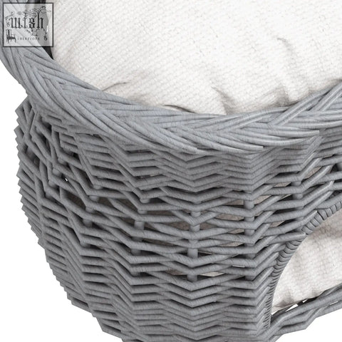Gray woven wicker cat house with textured white cushion inside 2-tier pet bed raised basket by pawhut