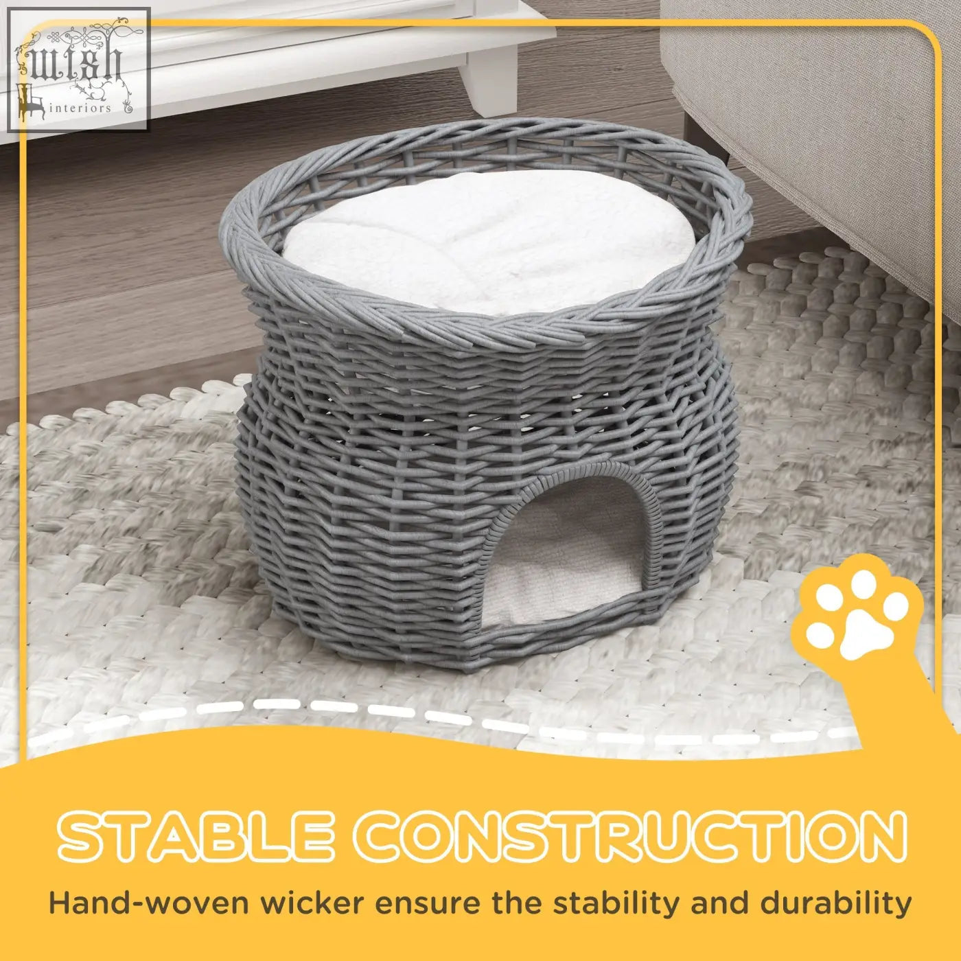 Gray wicker 2-tier cat house with white cushion and arched entrance elevated pet bed basket for kittens