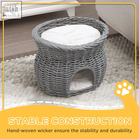 Gray wicker 2-tier cat house with white cushion and arched entrance elevated pet bed basket for kittens