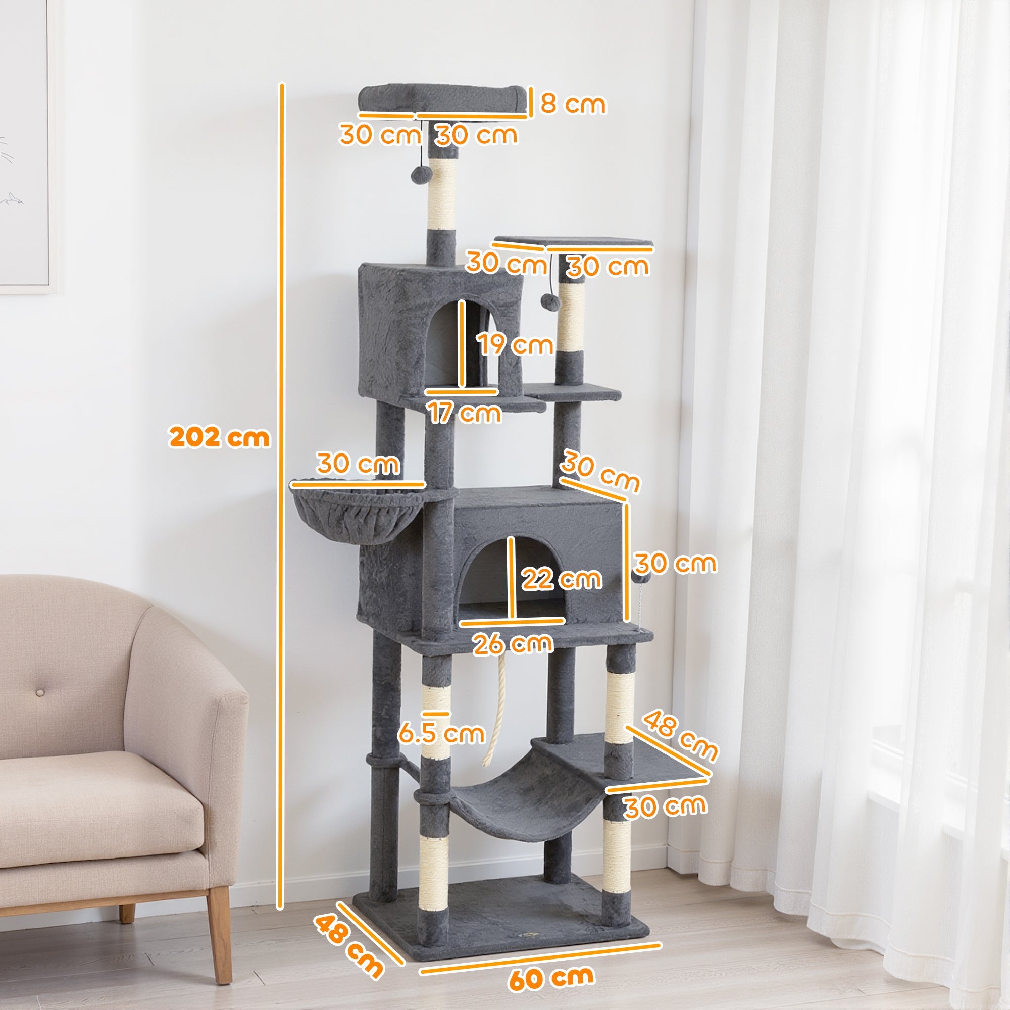 Gray pawhut 202cm large cat tree with 6 sisal scratching posts plush platforms and cat houses for indoor cats