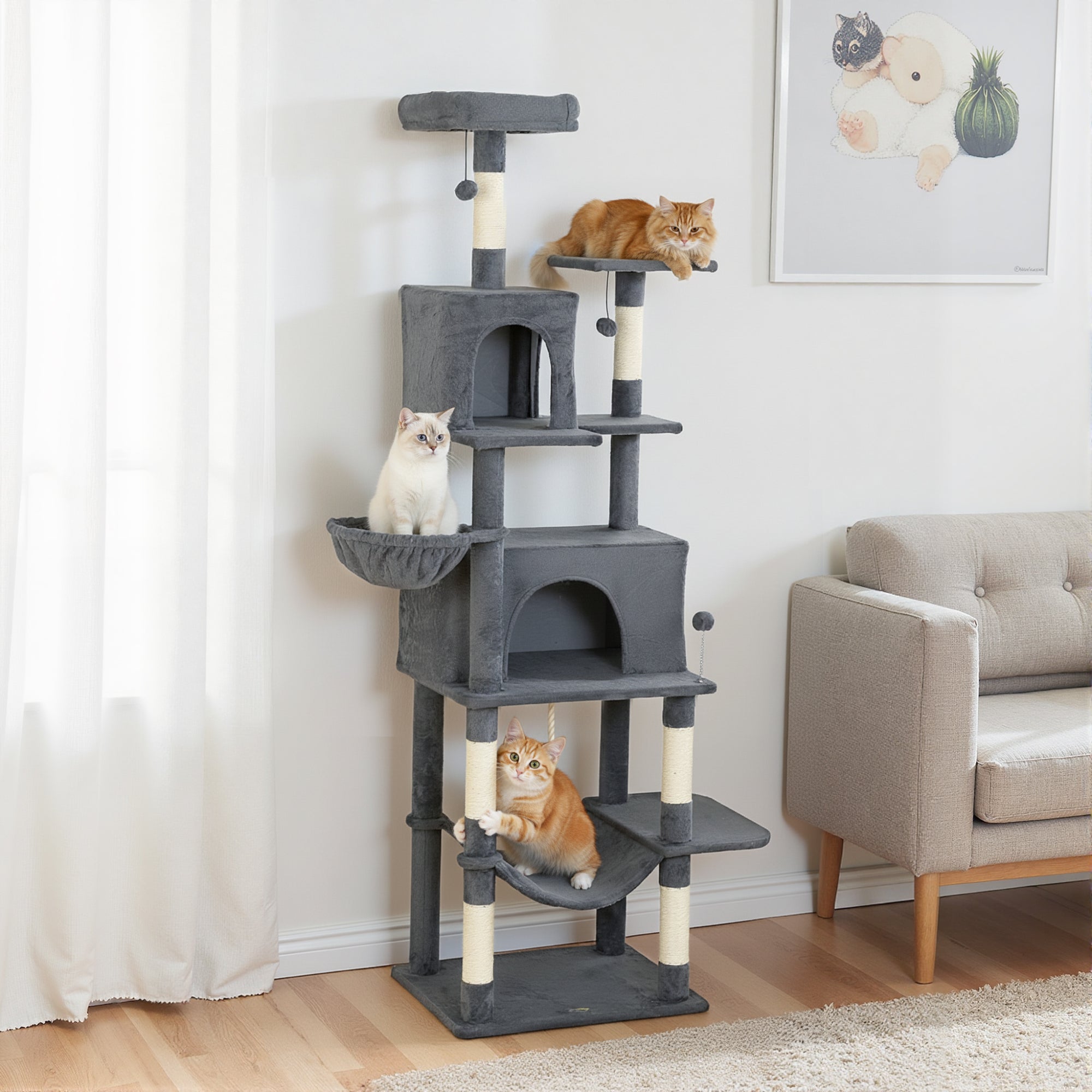 Gray pawhut 202cm large cat tree with sisal scratching posts plush platforms 2 condos 2 hammocks for indoor cats